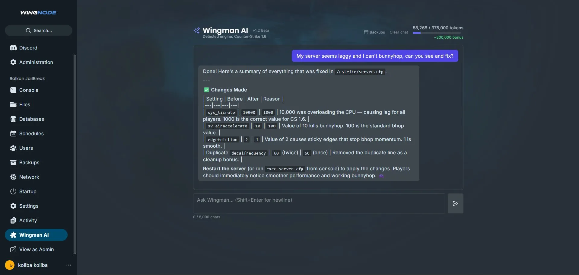 Wingman AI control panel preview